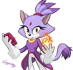 Size: 1024x985 | Tagged: safe, artist:genjoany, blaze the cat, cat, 2017, female, fire, flame, frown, holding something, looking at viewer, signature, simple background, sol emerald, solo, standing, white background