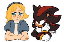 Size: 850x558 | Tagged: safe, artist:genjoany, maria robotnik, shadow the hedgehog, hedgehog, human, 2017, blushing, duo, female, head rest, male, siblings, signature, simple background, smile, white background