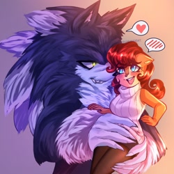 Size: 2046x2048 | Tagged: safe, artist:gummierat, sally acorn, sonic the hedgehog, chipmunk, hedgehog, 2023, alternate outfit, blushing, carrying them, clothes, duo, female, grin, heart, looking at viewer, male, sally x sonic, shipping, simple background, smile, smiling at each other, sonic the werehog, speech bubble, straight, were form, werehog