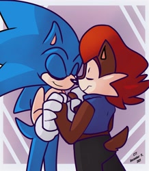 Size: 1536x1759 | Tagged: safe, artist:cerberustheterrible, sally acorn, sonic the hedgehog, chipmunk, hedgehog, 2021, alternate universe, duo, eyes closed, holding hands, male, sally x sonic, sally's ringblader outfit, shipping, simple background, snuggling, straight