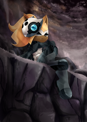 Size: 1500x2100 | Tagged: safe, artist:y-firestar, whisper the wolf, wolf, 2018, cliff, clouds, cloudy, eyes closed, female, looking offscreen, mountain, sitting, solo