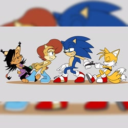 Size: 2048x2048 | Tagged: safe, artist:silvers_rings, miles "tails" prower, nicole the handheld, nicole the hololynx, sally acorn, sonic the hedgehog, chipmunk, fox, hedgehog, lynx, 2026, eyes closed, female, grey background, holding something, hololynx, looking at each other, male, pulling, quartet, simple background, sweatdrop