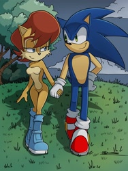 Size: 1536x2048 | Tagged: safe, artist:silvers_rings, sally acorn, sonic the hedgehog, chipmunk, hedgehog, 2025, bush, cloud, duo, grass, holding hands, looking at each other, male, sally x sonic, shadow (lighting), shipping, smile, smiling at each other, straight, tree, walking
