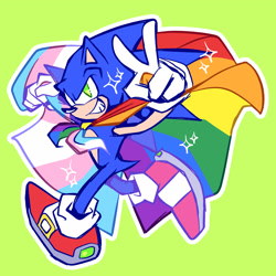 Size: 2048x2048 | Tagged: safe, artist:fizzy-dizz, sonic the hedgehog, 2026, gay pride, green background, holding something, looking at viewer, outline, pride, pride flag, pride month, simple background, smile, solo, sparkles, trans pride, v sign