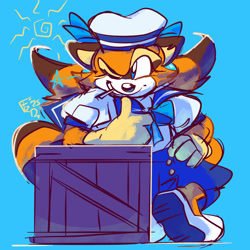 Size: 2048x2048 | Tagged: safe, artist:fizzy-dizz, marine the raccoon, raccoon, alternate outfit, blue background, crate, female, hand on hip, leaning, leaning on something, mouth hold, one eye closed, seaman outfit, simple background, smile, solo, sonic rush, sun, treads