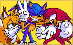 Size: 1788x1103 | Tagged: safe, artist:kurfs, knuckles the echidna, miles "tails" prower, sonic the hedgehog, sonic heroes, 2026, animal jam, arm around shoulders, covering mouth, double v sign, eyes closed, fangs, fur markings, one eye closed, simple background, smile, standing, team sonic, tongue out, trio, v sign, yellow background
