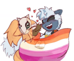 Size: 1280x1054 | Tagged: safe, artist:ys2107, tangle the lemur, whisper the wolf, 2026, blushing, duo, eye clipping through hair, eyes closed, happy, heart, lesbian, lesbian pride, pride, pride flag, pride month, shipping, simple background, smile, solo, tangle x whisper, white background