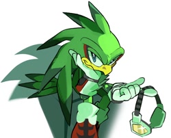 Size: 1070x866 | Tagged: safe, artist:averjet, jet the hawk, bird, 2026, goggles, holding something, looking at viewer, pointing, shadow (lighting), simple background, sitting, smile, solo, white background