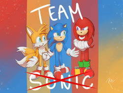 Size: 1280x960 | Tagged: safe, artist:rhyseesearts, knuckles the echidna, miles "tails" prower, sonic the hedgehog, sonic the hedgehog 3 (film), 2026, abstract background, english text, frown, looking at each other, movie style, signature, smile, standing, team sonic, text, trio, wholesome