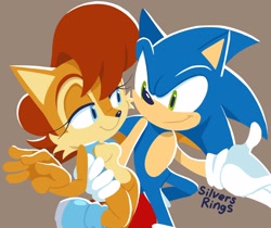 Size: 2048x1723 | Tagged: safe, artist:silvers_rings, sally acorn, sonic the hedgehog, chipmunk, hedgehog, 2023, brown background, duo, hand on another's back, looking at each other, male, sally x sonic, sally's vest and boots, shipping, simple background, smile, smiling at each other, straight