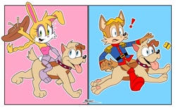 Size: 2048x1280 | Tagged: safe, artist:silvers_rings, antoine d'coolette, bunnie rabbot, muttski, coyote, dog, rabbit, 2025, blue background, butterfly, chasing, collar, cowboy hat, exclamation mark, female, hat, holding something, literal animal, looking at viewer, male, open smile, pink background, riding, roboticized, running, simple background, smile, smiling at viewer, tongue out, trio, walking