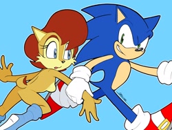 Size: 2048x1536 | Tagged: safe, artist:silvers_rings, sally acorn, sonic the hedgehog, chipmunk, hedgehog, 2025, blue background, duo, holding arm, looking at each other, male, running, sally x sonic, shipping, simple background, straight