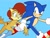 Size: 2048x1536 | Tagged: safe, artist:silvers_rings, sally acorn, sonic the hedgehog, chipmunk, hedgehog, 2025, blue background, duo, female, holding arm, looking at each other, male, running, sally x sonic, shipping, simple background, straight