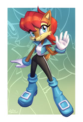 Size: 866x1280 | Tagged: safe, artist:holivi, sally acorn, chipmunk, hybrid, squirrel, archie sonic the hedgehog, boots, eye clipping through hair, female, looking at viewer, sally's vest and boots, smile, smiling at viewer, solo, standing, vest