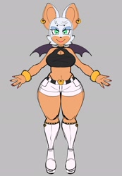 Size: 1420x2048 | Tagged: suggestive, artist:jamcassette, rouge the bat, bat, ear piercing, earring, female, front view, grey background, looking at viewer, piercing, simple background, smile, smiling at viewer, solo