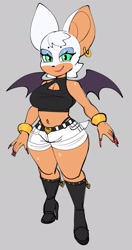 Size: 1083x2048 | Tagged: suggestive, artist:jamcassette, rouge the bat, bat, ear piercing, earring, female, grey background, looking at viewer, piercing, simple background, smile, smiling at viewer, solo