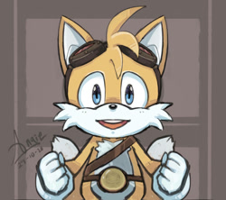 Size: 948x843 | Tagged: safe, artist:angiethecat, miles "tails" prower, fox, clenched fists, front view, looking at viewer, male, open mouth, open smile, signature, smile, smiling at viewer, solo, sonic boom (tv)