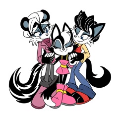 Size: 1200x1104 | Tagged: safe, artist:melodycler01, geoffrey st. john, hershey the cat, oc, cat, skunk, 2020, adult, clothes, duo, eyes closed, family, father and child, father and daughter, female, fully clothed, geoffrey x hershey, looking at them, male, mother and child, mother and daughter, older, one eye closed, shipping, simple background, smile, straight, teenager, unnamed oc, white background