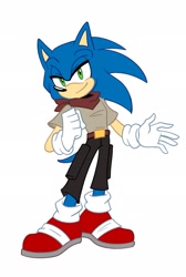 Size: 1377x2048 | Tagged: safe, artist:melodycler01, sonic the hedgehog, hedgehog, 2024, clothes, fully clothed, looking at viewer, male, pants, pose, scarf, shirt, shoes, simple background, smile, smiling at viewer, solo, standing, white background