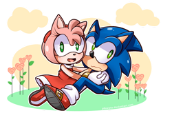Size: 1052x759 | Tagged: safe, artist:pikoreto, amy rose, sonic the hedgehog, hedgehog, amy x sonic, amy's halterneck dress, blushing, clouds, dress, female, flower, gloves, looking at viewer, male, open mouth, open smile, shipping, shoes