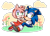 Size: 1052x759 | Tagged: safe, artist:pikoreto, amy rose, sonic the hedgehog, hedgehog, amy x sonic, amy's halterneck dress, blushing, clouds, dress, female, flower, gloves, looking at viewer, male, open mouth, open smile, shipping, shoes, straight