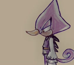 Size: 1012x895 | Tagged: safe, artist:aleespace-art, espio the chameleon, the murder of sonic the hedgehog, 2026, beige background, frown, lidded eyes, looking down, simple background, solo, standing