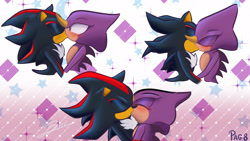 Size: 1920x1080 | Tagged: safe, artist:nunatakoizu, espio the chameleon, shadow the hedgehog, fanfic:shadow the real hedgehog, 2026, blushing, duo, eyes closed, fanfiction art, gay, kiss, shadpio, shipping, sparkles