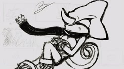 Size: 2048x1148 | Tagged: safe, artist:nunatakoizu, espio the chameleon, 2026, eyes closed, grey background, line art, lying down, monochrome, scarf, simple background, solo, winter