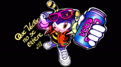 Size: 2048x1138 | Tagged: safe, artist:nunatakoizu, charmy bee, 2026, alternate outfit, black background, clothes, drink, eyewear on head, fizzy soda can, from above, glasses, holding something, jacket, looking at viewer, looking up, looking up at viewer, outline, simple background, smile, soda, solo, spanish text, text, tongue out, wink