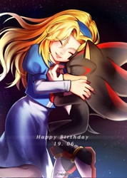 Size: 1460x2048 | Tagged: safe, artist:m0rningb1rd, maria robotnik, shadow the hedgehog, human, 2026, birthday, duo, eye clipping through hair, eyes closed, happy birthday, hugging, signature, smile, space, star (sky), text