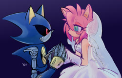 Size: 1276x817 | Tagged: safe, artist:tr1shuu, amy rose, metal sonic, 2026, black sclera, dress, duo, frown, gradient background, holding hands, lidded eyes, looking at each other, metamy, robot, shipping, standing, straight, wedding, wedding dress