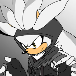Size: 1080x1080 | Tagged: safe, artist:yoviana_723, silver the hedgehog, 2026, alternate outfit, fingerless gloves, gloves, gradient background, hood, hood up, hoodie, looking down, looking offscreen, smile, solo