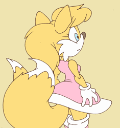 Size: 694x737 | Tagged: safe, artist:virus-20, miles "tails" prower, 2011, alternate version, amy's halterneck dress, boots, dress, eyelashes, flat colors, from behind, frown, gender swap, looking offscreen, simple background, solo, standing, yellow background