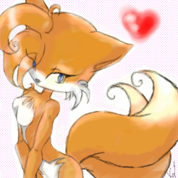 Size: 300x300 | Tagged: safe, artist:vel-chan, miles "tails" prower, 2005, breasts, eye clipping through hair, eyelashes, featureless breasts, gender swap, heart, looking at viewer, simple background, solo, standing, white background