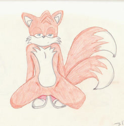 Size: 600x609 | Tagged: suggestive, artist:yaoilover16, miles "tails" prower, 2009, kneeling, lidded eyes, looking at viewer, simple background, solo, spread legs, stupid sexy tails, traditional media, white background