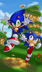 Size: 900x1517 | Tagged: safe, artist:evilqueenie, sonic the hedgehog, green hill zone, 2011, classic sonic, clouds, daytime, duo, flower, goal post, grass, looking at them, looking at viewer, mid-air, monitor, outdoors, palm tree, ring monitor, self paradox, smile, sonic generations, treads, tree