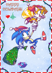 Size: 858x1200 | Tagged: safe, artist:vaporotem, miles "tails" prower, sonic the hedgehog, 2010, border, carrying them, christmas, christmas hat, christmas lights, duo, english text, flying, hat, heart, looking offscreen, present, sack, signature, smile, spinning tails, text