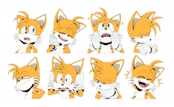 Size: 2048x1265 | Tagged: safe, artist:thatbirdguy_, miles "tails" prower, 2026, angry, arms folded, bust, confused, expression sheet, eyes closed, flat colors, frown, happy, laughing, lidded eyes, mouth open, shocked, smile, smirk, solo, tails is not amused, thinking, unamused