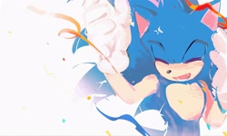 Size: 2048x1229 | Tagged: safe, artist:exclamation_fo, sonic the hedgehog, 2026, confetti, eyes closed, happy, mouth open, simple background, smile, solo, streamer, white background