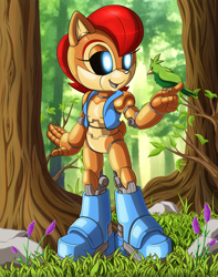 Size: 1500x1903 | Tagged: safe, artist:zeiram0034, sally acorn, bird, chipmunk, 2020, daytime, duo, female, forest, literal animal, looking at them, nature, open mouth, roboticized, sally's vest and boots, tree