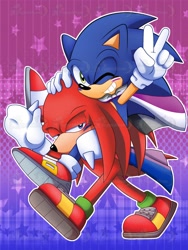 Size: 1536x2048 | Tagged: safe, artist:pagonmoon, knuckles the echidna, sonic the hedgehog, 2026, asexual, asexual pride, bisexual, bisexual pride, cape, duo, gay, knuxonic, pride, pride flag, pride month, riding on back, shipping, smile, star (symbol), v sign