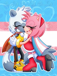 Size: 1536x2048 | Tagged: safe, artist:pagonmoon, amy rose, tangle the lemur, 2026, bisexual, bisexual pride, blushing, cape, duo, eyes closed, face paint, happy, heart, holding hands, lesbian, lesbian pride, pride, pride flag, pride flag background, pride month, shipping, smile, standing, tangamy, trans female, trans pride, transgender, treads