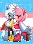 Size: 1536x2048 | Tagged: safe, artist:pagonmoon, amy rose, tangle the lemur, 2026, bisexual, bisexual pride, blushing, cape, duo, eyes closed, face paint, happy, heart, holding hands, lesbian, lesbian pride, pride, pride flag, pride flag background, pride month, shipping, smile, standing, tangamy, trans female, trans pride, transgender, treads