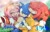 Size: 2048x1293 | Tagged: safe, artist:kot618, amy rose, knuckles the echidna, miles "tails" prower, sonic the hedgehog, echidna, fox, hedgehog, 2026, anniversary, birthday, clouds, daytime, english text, eyes closed, grass, grin, group, group hug, happy, happy birthday, hugging, looking at viewer, lying down, male, mouth open, open smile, outdoors, quartet, smile, smiling at viewer, sun, text, wink, winking at viewer