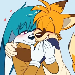 Size: 1141x1146 | Tagged: safe, artist:blxejxstice, kit the fennec, miles "tails" prower, 2026, aged up, alternate outfit, blushing, clothes, cute, duo, eyebrow clipping through hair, eyes closed, fur markings, gay, grey background, happy, heart, hugging, kit x tails, kitabetes, lidded eyes, looking at them, shipping, simple background, smile, tailabetes
