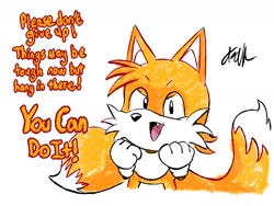 Size: 1600x1200 | Tagged: safe, artist:foxmitxy, miles "tails" prower, 2026, english text, exclamation mark, mouth open, one fang, positivity, signature, simple background, smile, solo, standing, talking, talking to viewer, text, white background