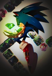 Size: 736x1057 | Tagged: safe, artist:soniic91, sonic the hedgehog, 2026, chaos emerald, eyes closed, jewel, mid-air, smile, solo, treads