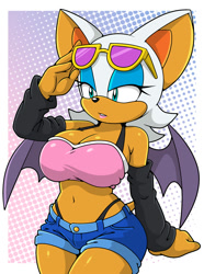 Size: 1486x2000 | Tagged: suggestive, artist:sonicguru, rouge the bat, bat, adapted outfit, clothes, female, polka-dots background, shorts, solo