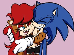 Size: 2048x1536 | Tagged: safe, artist:butterrrmoth, sally acorn, sonic the hedgehog, chipmunk, hedgehog, 2022, duo, eyes closed, female, grin, happy, hugging, long hair, male, pink background, sally x sonic, sally's ringblader outfit, shipping, simple background, smile, smiling at each other, straight