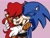 Size: 2048x1536 | Tagged: safe, artist:butterrrmoth, sally acorn, sonic the hedgehog, chipmunk, hedgehog, 2022, cute, duo, eyes closed, female, grin, happy, hugging, long hair, male, pink background, sally x sonic, sally's ringblader outfit, shipping, simple background, smile, smiling at each other, straight